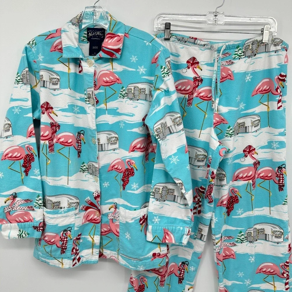 Nick & Nora Pajamas Medium Flannel Flamingo Airstream‎ Camper Set Coastal Boho